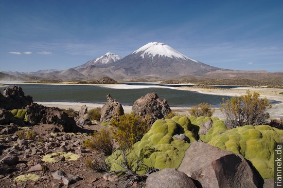 Lagunas Cotacotani and the volcanoes Pomerape and Parinacota