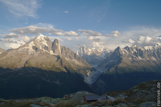 Aiguille Verte, Grandes Jorasses and Mer du Glace from Lac Blanc
