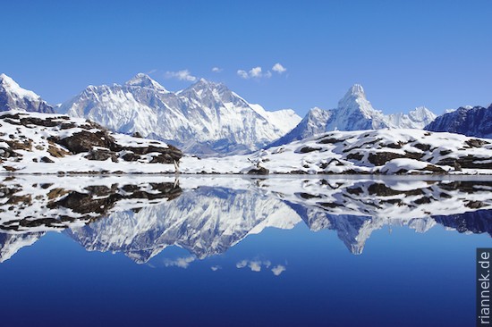 Everest, Nuptse, Lhotse and Ama Dablam from a lake near Kongde Hotel