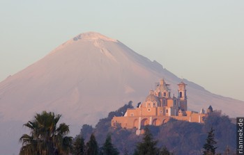 Cholula, pyramid and Popocatépetl