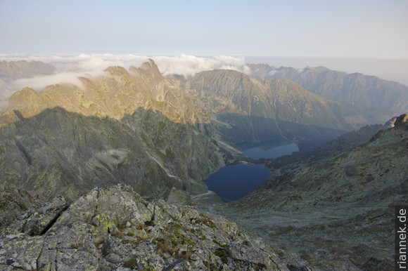 View from Rysy to the lakes Morskie Oko and Czarny Staw pod Rysami and to Mięguszowieckie Szczyty