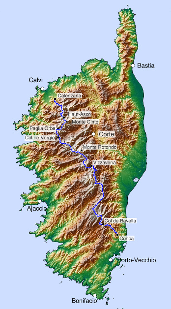 Karte des GR20 auf Korsika